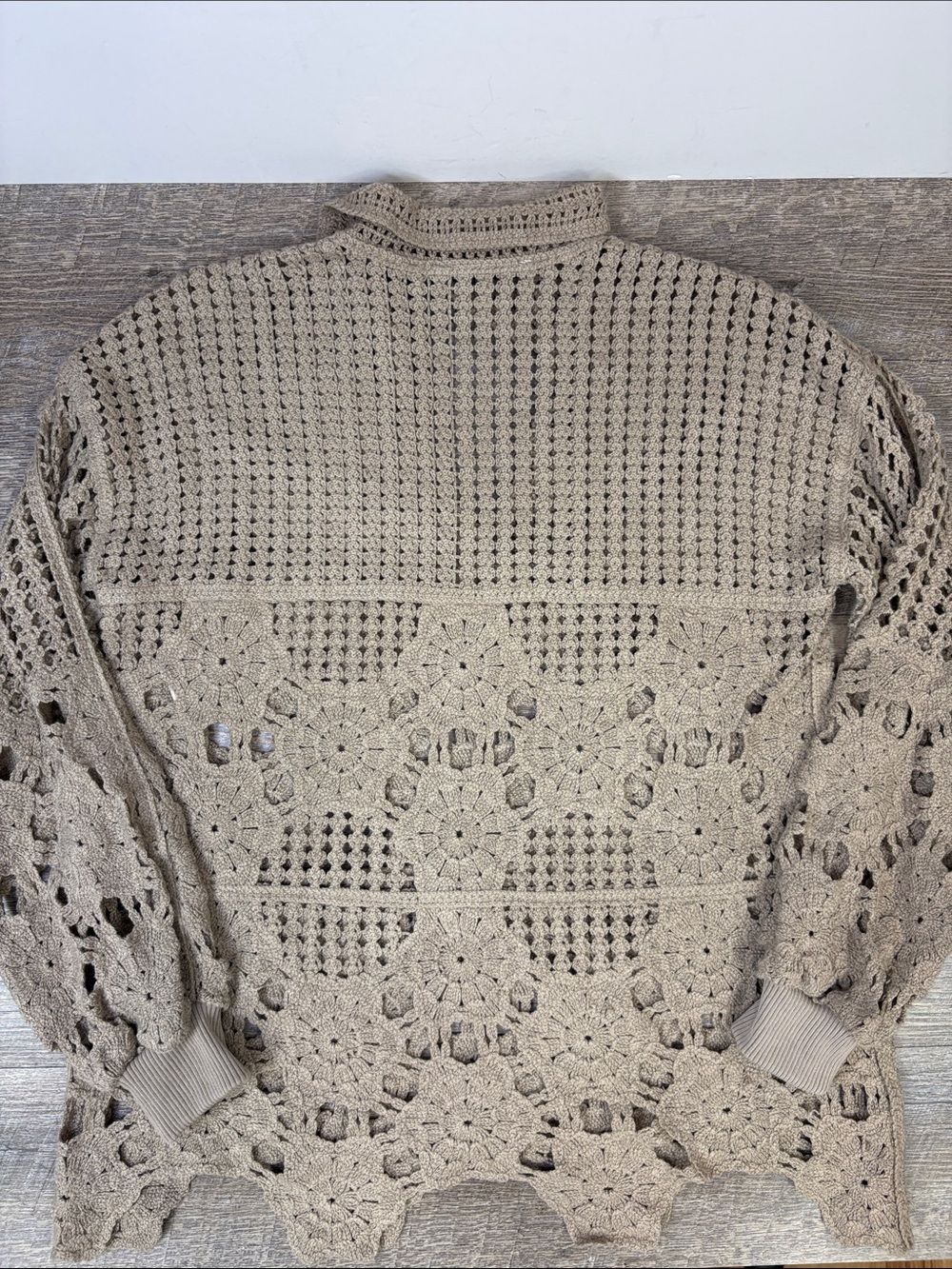Soft Surroundings Crochet Open Knit Sweater Taupe Boho Collared Pullover XS - Picture 5 of 9